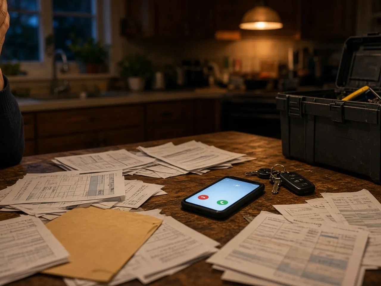 Rental owner reviewing paperwork and a laptop at home