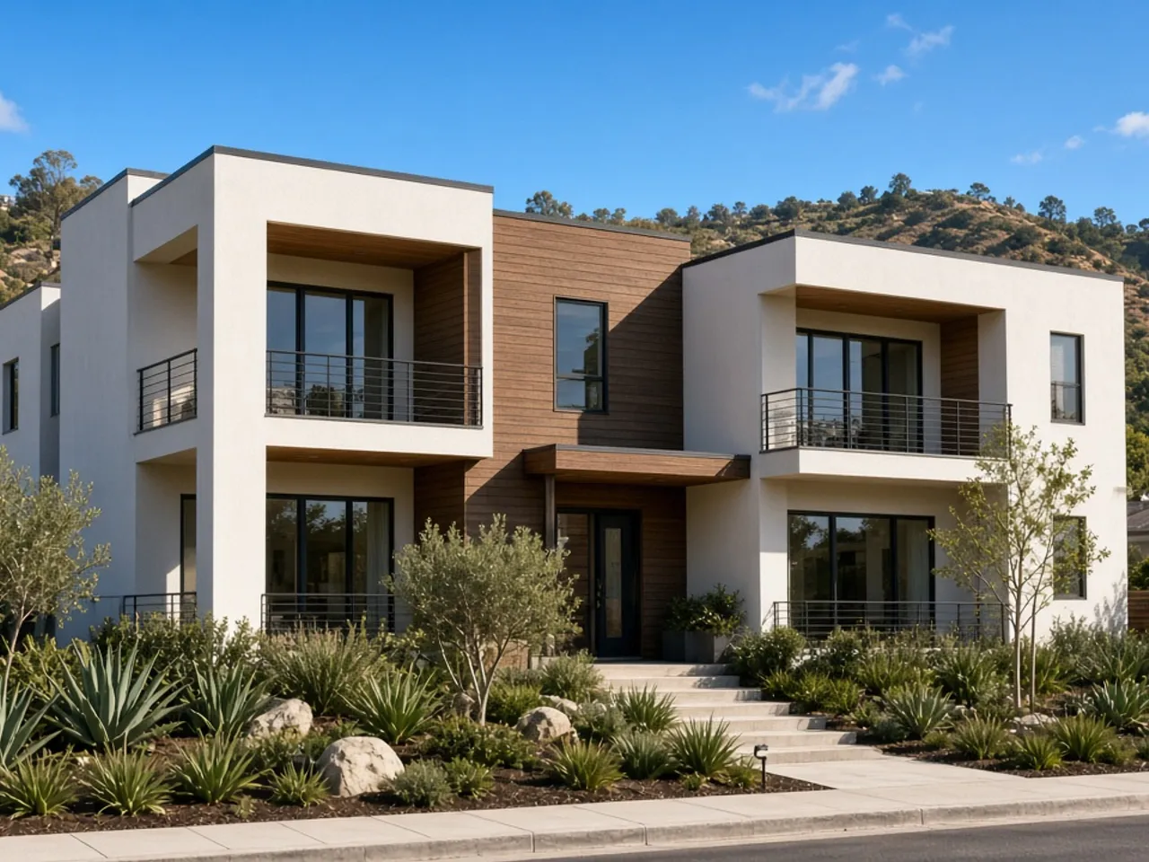 Multifamily rental building with landscaped grounds