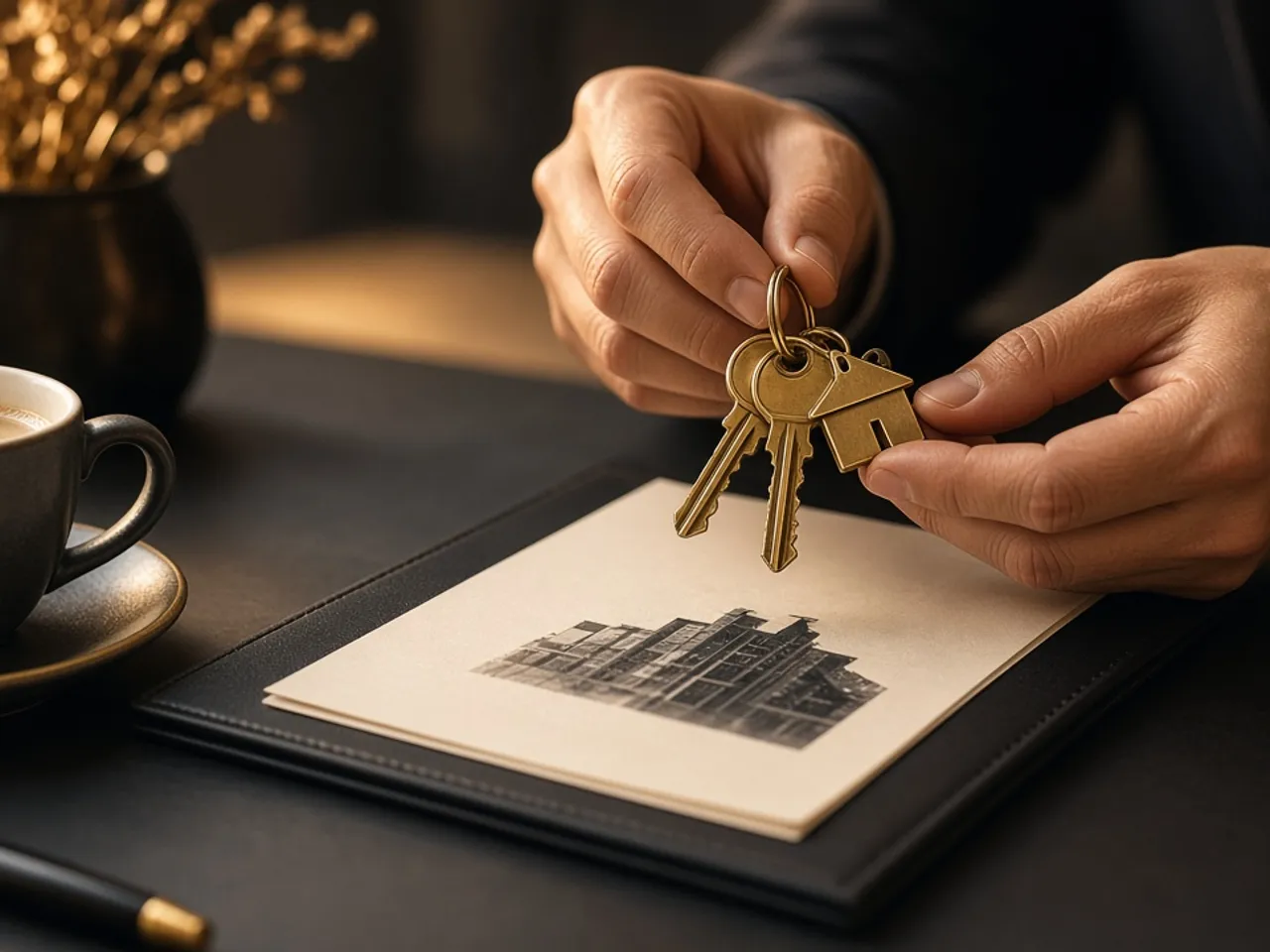 Rental owner holding house keys beside property paperwork
